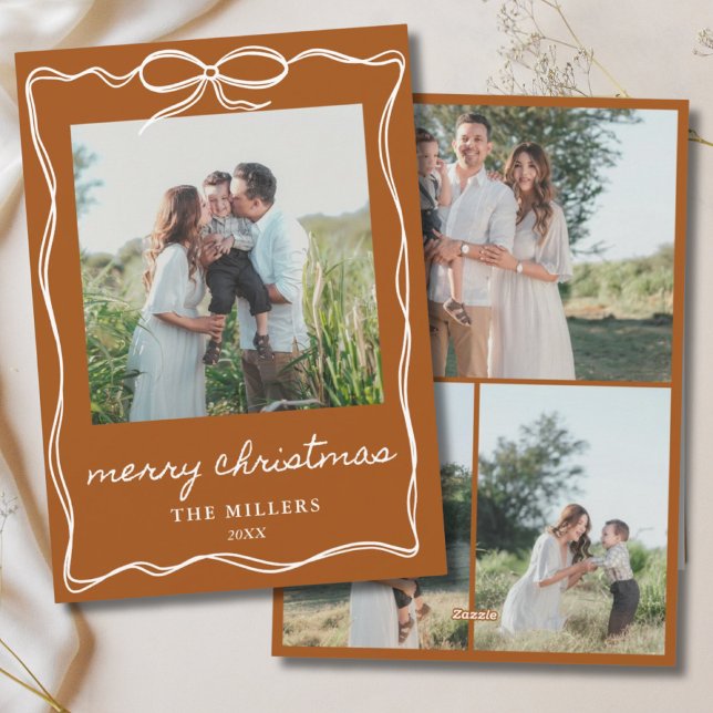 Boho Terracotta Bow Merry Christmas 4 Photo Family Holiday Card (Terracotta Christmas Card Boho Design with 4 Photos)