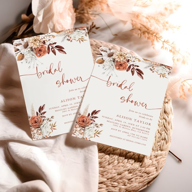 Boho Terracotta Bridal Shower Cream Floral Invitation (Creator Uploaded)