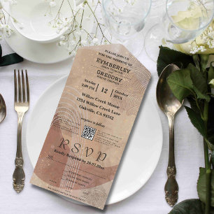 Boho Terracotta Brown Abstract QR Code Minimalist All In One Invitation