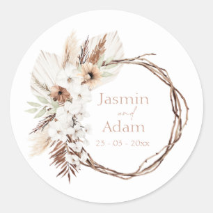 Boho Terracotta Brown Dried Floral Wreath Wedding Classic Round Sticker