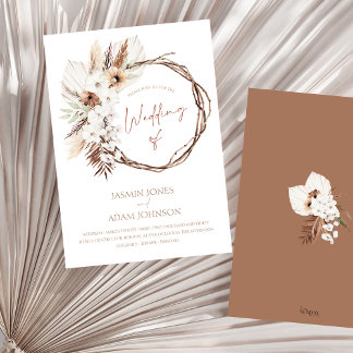 Boho Terracotta Brown Dried Floral Wreath Wedding Invitation