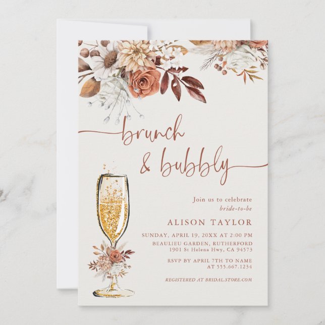Boho Terracotta Brunch Bubbly Bridal Shower Invitation (Front)