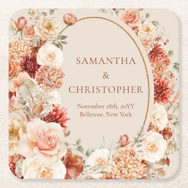 Boho terracotta burgundy floral eucalyptus coaster (Front)