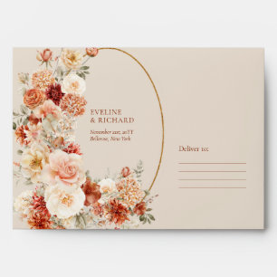 Boho terracotta burgundy floral eucalyptus gold envelope