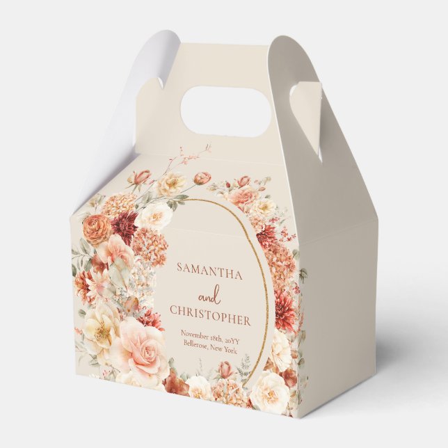 Boho terracotta burgundy floral eucalyptus gold favour box (Front Side)