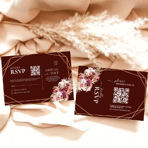 Boho Terracotta & Burgundy Floral QR Code Wedding  RSVP Card