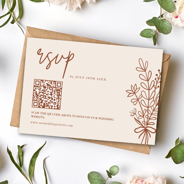 Boho Terracotta Burnt Orange Wedding QR Code RSVP Card (Boho terracotta QR code RSVP card simplifies guest replies with warm rustic charm.)