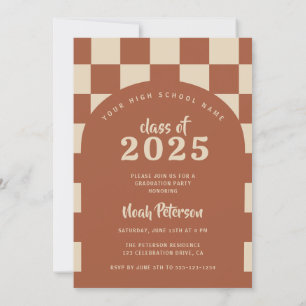 Boho Terracotta Chequered Arch Photo Graduation Invitation