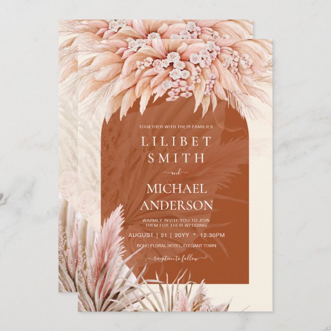 BOHO Terracotta Coral Pampas Grass Wedding (Front/Back)