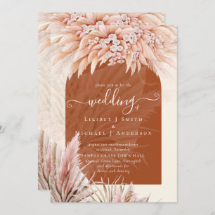 BOHO Terracotta Coral Pampas Grass Wedding Invitation