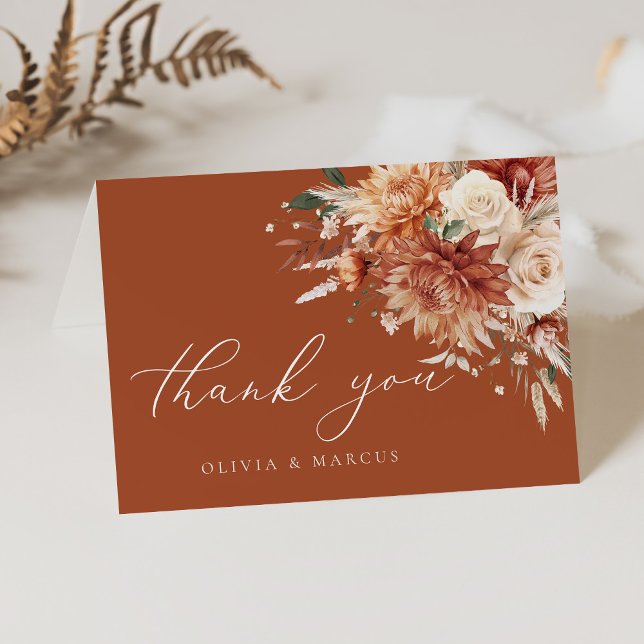 Boho Terracotta Dahlia Floral Elegant Wedding Thank You Card (Creator Uploaded)