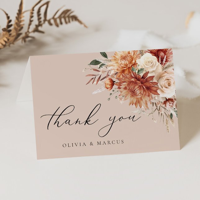 Boho Terracotta Dahlia Floral Elegant Wedding Thank You Card (Creator Uploaded)