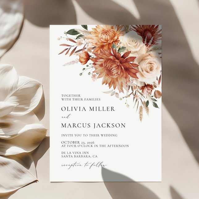 Boho Terracotta Dahlia Rose Wedding Invitation (Front)