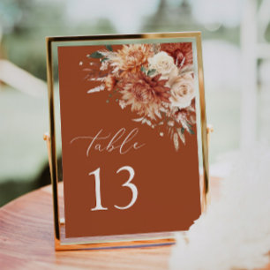 Boho Terracotta Dahlia Rose Wedding Table Number