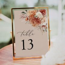 Boho Terracotta Dahlia Rose Wedding Table Number