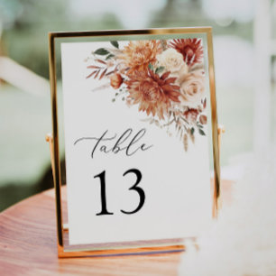 Boho Terracotta Dahlia Rose Wedding Table Number