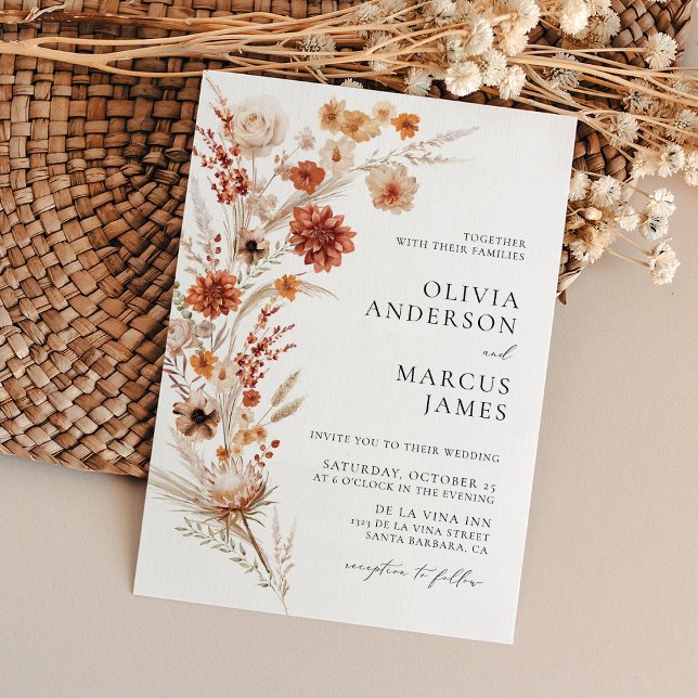 Boho Terracotta Dahlia Wildflower Elegant Wedding Invitation (Front)