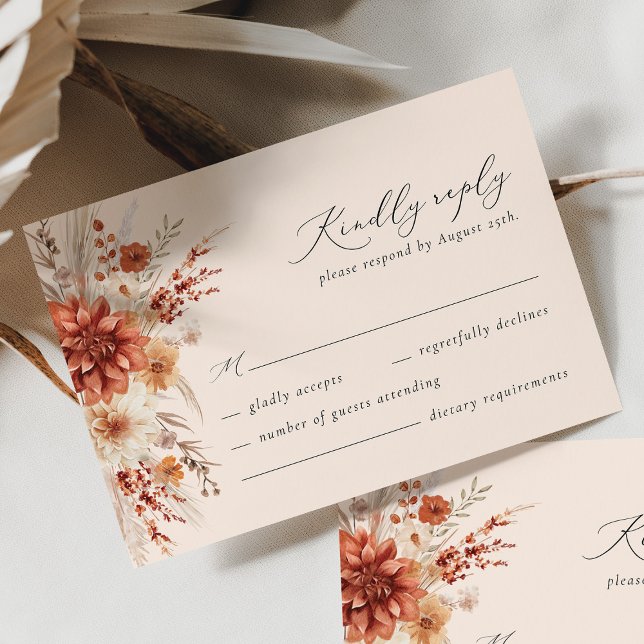 Boho Terracotta Dahlia Wildflower Elegant Wedding RSVP Card (Creator Uploaded)