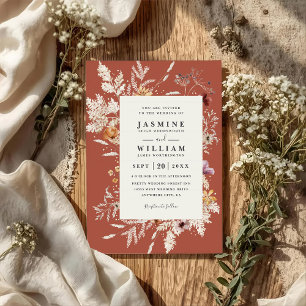 Boho Terracotta Dried Blooms QR Code Wedding Invitation