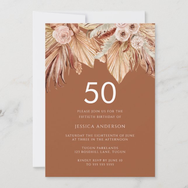 Boho Terracotta Dried Floral 50th Birthday Party Invitation (Front)
