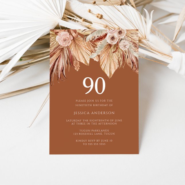 Boho Terracotta Dried Floral 90th Birthday Party Invitation (Creator Uploaded)