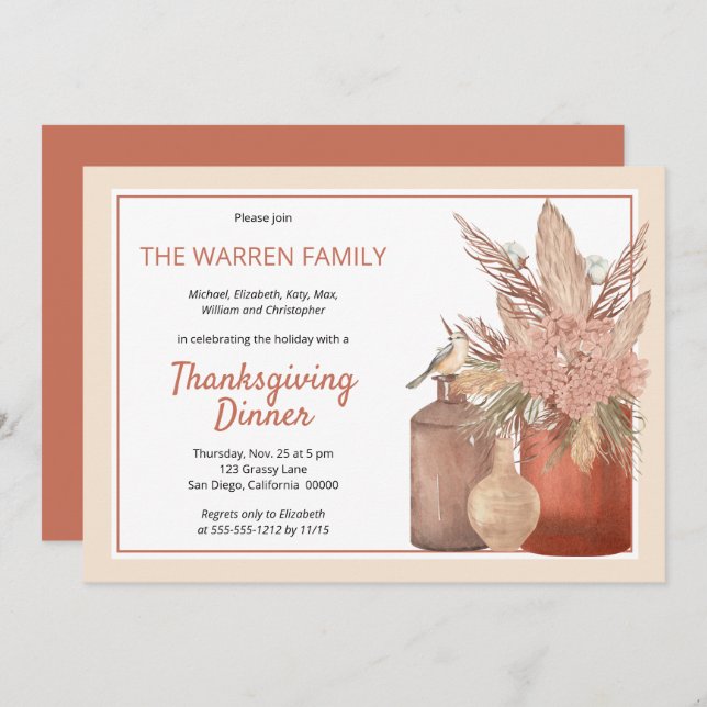 Boho Terracotta Dried Grasses Thanksgiving Dinner Invitation (Front/Back)