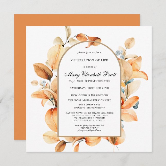 Boho Terracotta Dried Palm Celebration of Life  In Invitation (Front/Back)