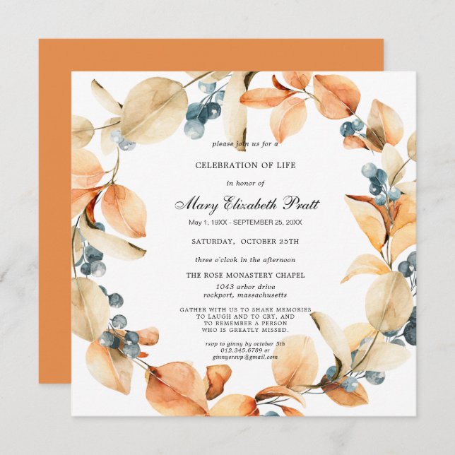 Boho Terracotta Dried Palm Celebration of Life  In Invitation (Front/Back)