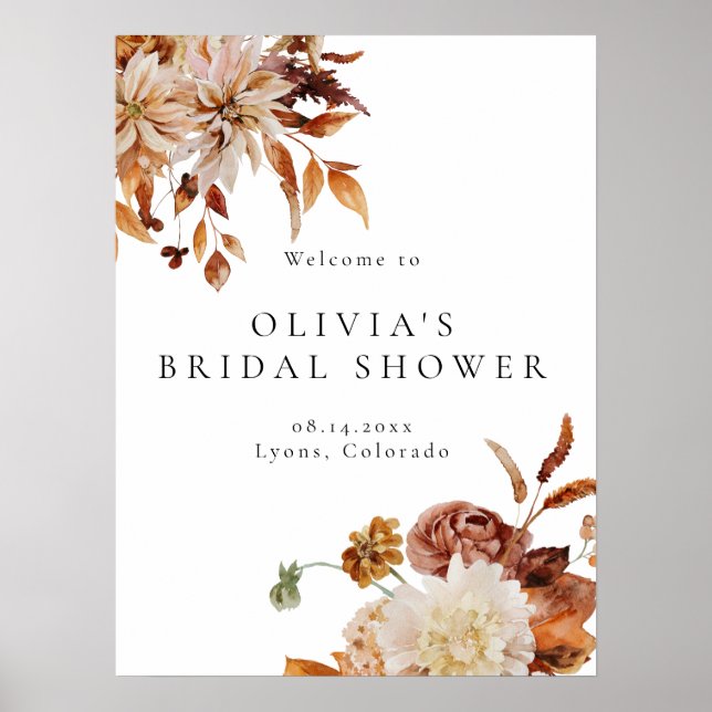 Boho Terracotta Fall Floral Bridal Shower Welcome  Poster (Front)