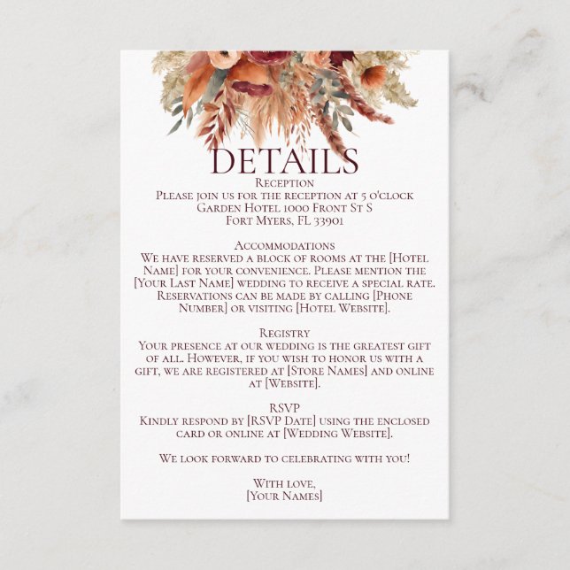 Boho Terracotta Fall Florals Pampas Grass Details Enclosure Card (Front)