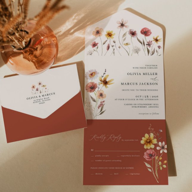 Boho Terracotta Floral All in One Wedding Invite (All In One Invitation)