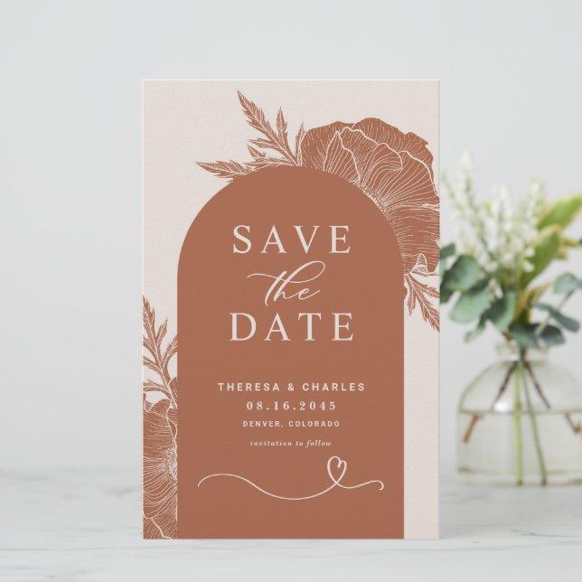 Boho Terracotta Floral Arch Save the Date Card (Standing Front)