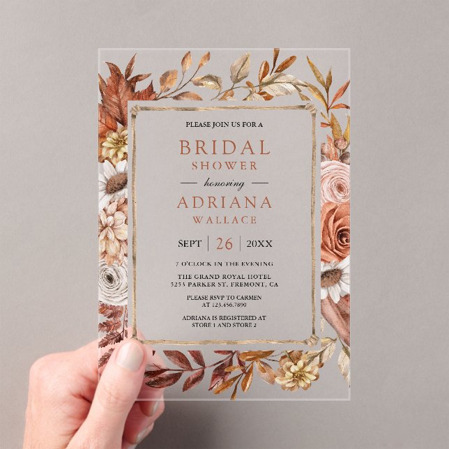Boho Terracotta Floral Bridal Shower Acrylic Invitations (Insitu (Handheld))