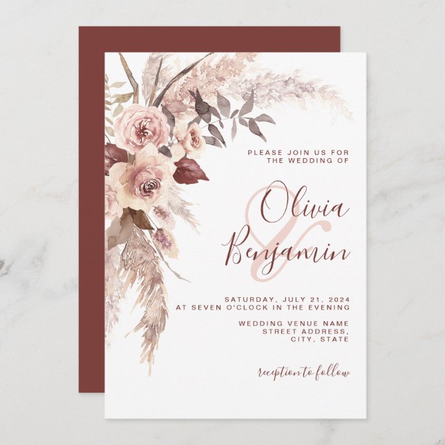 Boho Terracotta Floral Champagne Neutral Wedding Invitation (Front/Back)