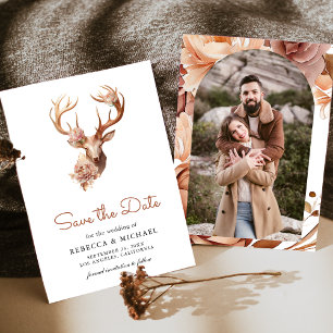 Boho Terracotta Floral Deer Photo Wedding Save The Date