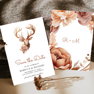 Boho Terracotta Floral Deer Wedding Save The Date