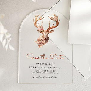 Boho Terracotta Floral Deer Wedding Save the Date Acrylic Invitations