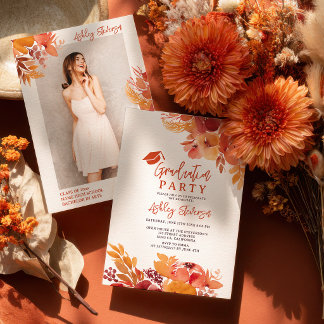 Boho Terracotta Floral Graduation Script Photo Invitation