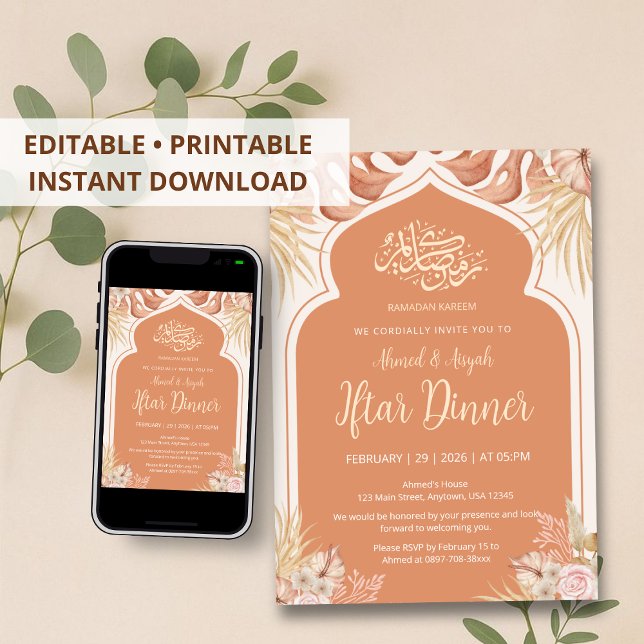 Boho Terracotta Floral Islamic Arch Iftar Dinner Invitation (Creator Uploaded)
