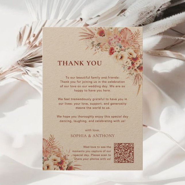 Boho Terracotta Floral Kraft Wedding Qr Code Thank You Card (Creator Uploaded)