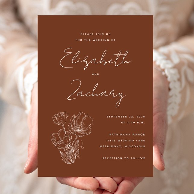 Boho Terracotta Floral Line Art Wedding Invitation (Creator Uploaded)