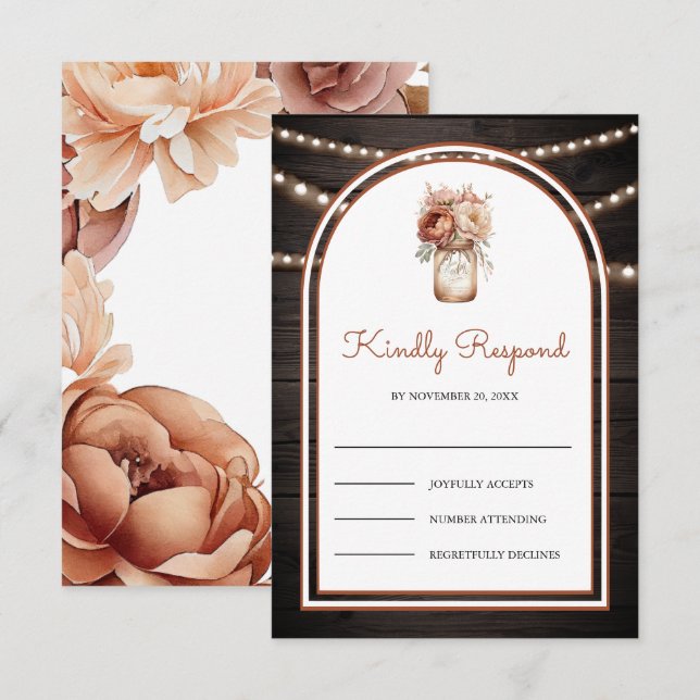 Boho Terracotta Floral Mason Jar Barn Wood Wedding RSVP Card (Front/Back)