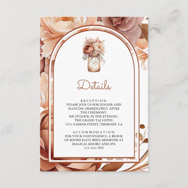 Boho Terracotta Floral Mason Jar Wedding Details Enclosure Card (Front)