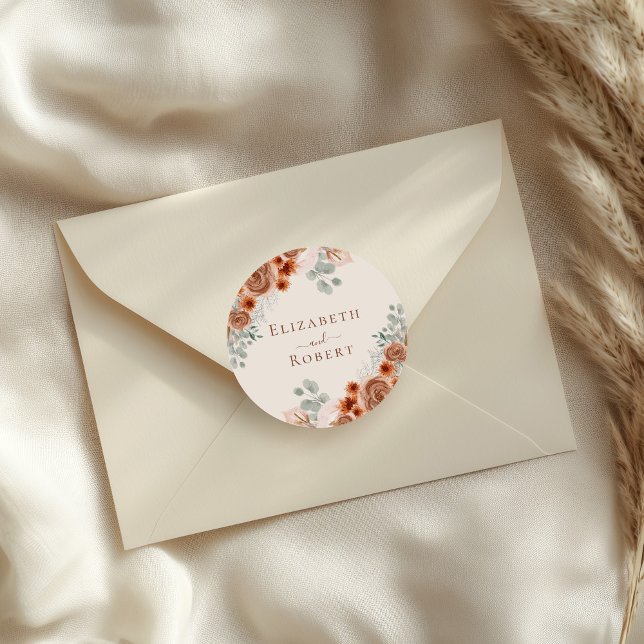 Boho Terracotta Floral Pampas Grass Wedding Classic Round Sticker (Boho Terracotta Floral Pampas Grass Wedding Classic Round Sticker on a wedding envelope)