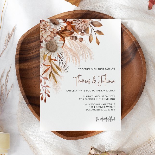 Boho Terracotta Floral Pampas Grass Wedding Invitation (Creator Uploaded)
