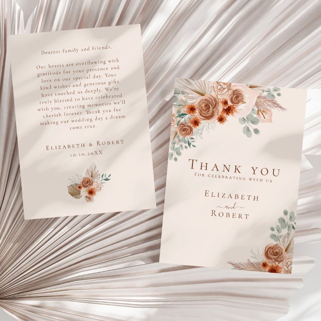 Boho Terracotta Floral Pampas Grass Wedding Thank You Card (Boho Terracotta Floral Pampas Grass Wedding Thank You Card on a sunny neutral dry palm leaf.)