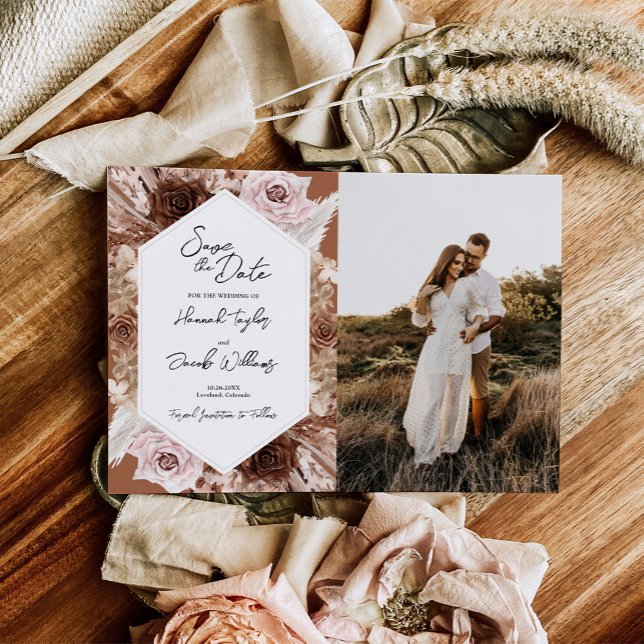 Boho Terracotta Floral Photo Wedding Save The Date (Creator Uploaded)