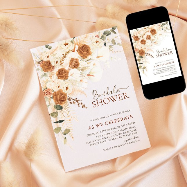 Boho Terracotta Floral QR Code Bridal Shower Invitation (Creator Uploaded)