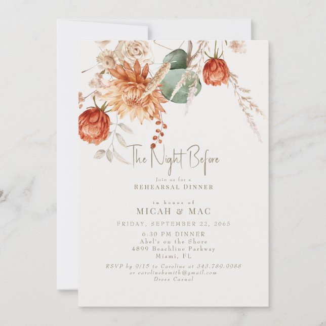 Boho Terracotta Floral The Night Before  Invitation (Front)