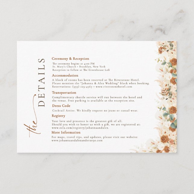 Boho Terracotta Floral Wedding Details Enclosure Card (Front)